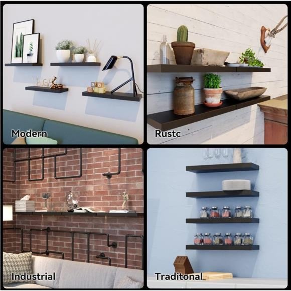 4 Sets Black Floating Shelves with Invisible Brackets,Modern Shelf for Bedroom - Picture 5 of 16